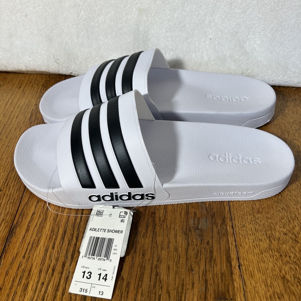 Adidas Mens Size 13 White Black Adilette Shower Flip Flops